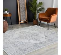LIVABLISS Tapis de Salon à Poils Courts Doux Vintage Oriental CEREN 140x200cm Blanc/Gris