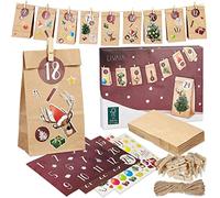 LIVAIA Calendrier de l'Avent à Remplir Soi-Même - Magnifique Décoration Noël avec 24 Sacs en Papier Kraft, Autocollants Décoratifs et Accessoires pour Bricolage - 18 x 9 x 5,5 cm