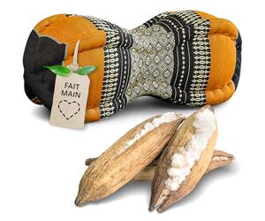 Livasia Coussin appuie-Nuque - Ø 13x43cm - Coussin cale-Nuque Forme de Papaye, Bolster de Sofa, Support de Lecture kapok, Jardin Balcon, Oreiller de Voyage Fait Main (Noir/Orange)