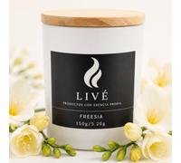 LIVÉ Bougie parfumée Freesia dans un flacon en verre teinté avec couvercle en bois, 35 h de durée, cire de soja 100 % naturelle, parfum pour maison, décoration et cadeau, réutilisable
