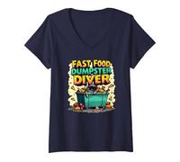 Live Fast Eat Trash Raccoon Dumpster Diving Funny T-Shirt avec Col en V, Femme, Bleu Marine, S