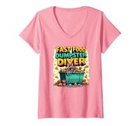 Live Fast Eat Trash Raccoon Dumpster Diving Funny T-Shirt avec Col en V, Femme, Rose, XL