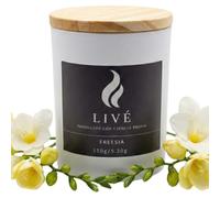 LIVÉ Freesia Bougie parfumée en verre teinté avec couvercle en bois, 35 h de durée de vie, paraffine thérapeutique, parfum pour maison, décoration et cadeau, réutilisable
