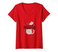 Live in The Meowment Jeu de Mots pour Amoureux des Chats T-Shirt avec Col en V, Femme, Rouge, XL