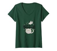 Live in The Meowment Jeu de Mots pour Amoureux des Chats T-Shirt avec Col en V, Femme, Vert Forêt, XXL