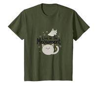 Live in The Meowment Jeu de Mots pour Amoureux des Chats T-Shirt, Enfant, Olive, 12 Ans