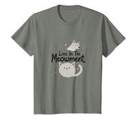Live in The Meowment Jeu de Mots pour Amoureux des Chats T-Shirt, Enfant, Vert Kaki chiné, 12 Ans