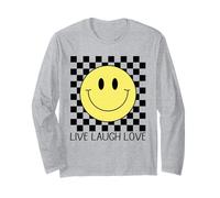 Live Laugh Love Happy Retro années 70 Sourire à Carreaux Sourire Visage Souriant Manche Longue