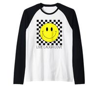 Live Laugh Love Happy Retro années 70 Sourire à Carreaux Sourire Visage Souriant Manche Raglan