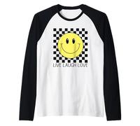 Live Laugh Love Happy Retro années 70 Sourire à Carreaux Sourire Visage Souriant Manche Raglan