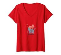 Live Love Purr: Adorable Graphique de Amoureux des Chats T-Shirt avec Col en V, Femme, Rouge, XXL