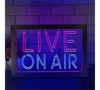 Live on Air LED Enseigne Au Néon, Studio D’Enregistrement, Salle Vidéo, Lampe De Table en Bois USB, Néons, Veilleuses De Bureau, Blue Red, 42x32cm