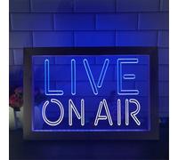 Live on Air LED Enseigne Au Néon, Studio D’Enregistrement, Salle Vidéo, Lampe De Table en Bois USB, Néons, Veilleuses De Bureau, White Blue, 42x32cm