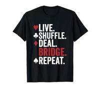 Live Shuffle Bridge Repeat with Suits Red White Typography T-Shirt