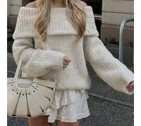Live To Mo Pull en tricot élégant à épaules dénudées pour femmes, Top en tricot décontracté à manches longues évasées pour l'automne, la rentrée scolaire, les rendez-vous & le port quotidien blanc L,M