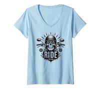 Live to Ride Ride to Live Moto Skull Biker Rebel T-Shirt avec Col en V, Femme, Bleu Céleste, L