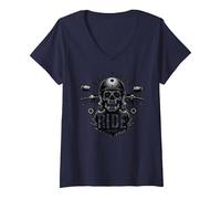 Live to Ride Ride to Live Moto Skull Biker Rebel T-Shirt avec Col en V, Femme, Bleu Marine, XL