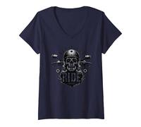 Live to Ride Ride to Live Moto Skull Biker Rebel T-Shirt avec Col en V, Femme, Bleu Marine, XXL