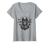 Live to Ride Ride to Live Moto Skull Biker Rebel T-Shirt avec Col en V, Femme, Gris Chiné, S