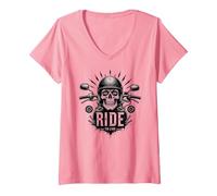 Live to Ride Ride to Live Moto Skull Biker Rebel T-Shirt avec Col en V, Femme, Rose, L