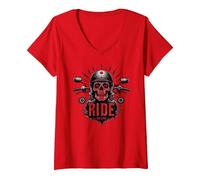 Live to Ride Ride to Live Moto Skull Biker Rebel T-Shirt avec Col en V, Femme, Rouge, XXL