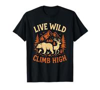 Live Wild Climb High Bear Cerf Randonnée Camping Arbres de Montagne T-Shirt