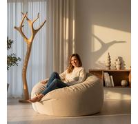 LIVEDECO - Pouf Rond XXL, Déhoussable avec Billes, Velours Côtelé Ultra Doux Beige, Intérieur pour Salon, Chambre - Titan