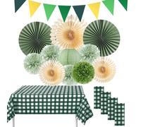 LiveGo Lot de 16 décorations de fête de pique-nique avec bannière, éventails en papier suspendus, lanternes rondes, nappe jetable en plastique pour barbecue, pique-nique, mariage, anniversaire (vert