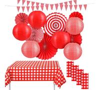 LiveGo Lot de 18 décorations de fête de pique-nique avec bannière, éventails en papier suspendus, lanternes rondes, nappe jetable en plastique pour barbecue, pique-nique, mariage, anniversaire (rouge