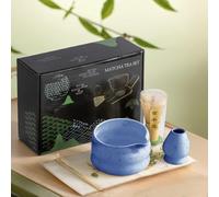 LiveGo Lot de 4 fouets à thé matcha faits à la main en bambou, bol à matcha en céramique avec bec, cuillère et tamis - Kit complet de fouet à matcha pour cérémonie traditionnelle du thé japonais (bleu