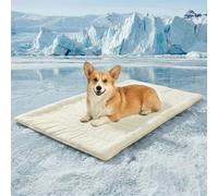 LiveGo Tapis rafraîchissant pour chien et chat - Lit réversible chaud et rafraîchissant - Tapis d'hiver chaud et rafraîchissant en été pour chatons et petits chiens (blanc cassé, taille M (91 x 58 cm)