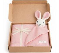 Livella Couverture 2-en-1 Bébé 100x75cm avec Doudou Lapin Rose - Plaid Naissance Coton Bio GOTS - Édredon Tricoté Respirant, Extra Doux & Chaud - Premier Compagnon Superbe Boîte Cadeau Oeko-TEX