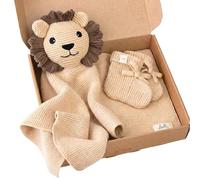 Livella | Doudou Lion pour Bébé avec Chaussettes - Idée Cadeau Naissance Originale & Coffret Mignon pour Nouveau-Né - Coton Bio GOTS, Tricot Doux, Couverture Fine 40x40cm, Hypoallergénique