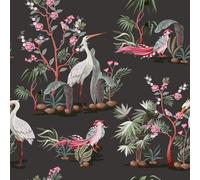 Livelynine Papier Peint Adhesif Vert Motif Oiseaux et Fleurs 44.5CMx7M Papier Peint Autocollant Mural Chambre Salle de Bain Feuillage Tropical Vinyle Adhesif Motif Vintage Palmier Vert Floral Rose