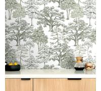 Livelynine Papier Peint Toile de Jouy Vert Gris Clair Blanc 44.5CMx7M Papier Peint Autocollant Mural Chambre Adulte Salon Rouleau Adhesif pour Meuble Vintage Paysage Foret Papiers Peints Arbre Jungle
