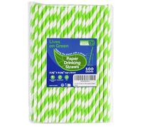 Lives on Green Lot de 100 pailles jetables, en papier, 19,7 x 0,6 cm, rayures vertes et blanches, biologiques et compostables