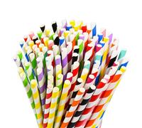 Lives on Green Lot de 100 pailles jetables en papier à rayures colorées de 19,7cm, 10 couleurs assorties, compostables - pour cocktail, fête, cake pop, travaux manuels
