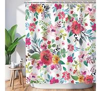 LIVILAN Rideau de douche floral pour salle de bain - Rideau de douche aquarelle avec crochets - Décoration de salle de bain florale rose - 183 x 183 cm (l x H)