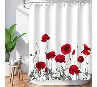 LIVILAN Rideau de douche motif coquelicot rouge pour salle de bain, rideau de douche à fleurs rouges avec crochets, tissu décoratif à fleurs vives, lavable en machine, 183 x 213 cm (l x H)