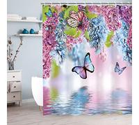 LIVILAN Rideau de douche papillon avec crochets, rideau de douche floral, rideau de douche papillon bleu, motif fleurs aquarelles et feuilles vertes pour décoration de salle de bain (183 x 183 cm (l x