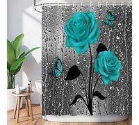 LIVILAN Rideaux de Douche Bleu Sarcelle et Turquoise - 183 x 183 cm (l x H) - Rideaux de Douche avec Crochets - Rose Automne - Motif Floral Bleu foncé sur Gris pour décoration de Bain de Campagne