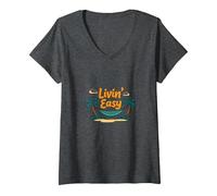 Livin' Easy Tropical Beach Hamac Vacances T-Shirt avec Col en V, Femme, Chiné Foncé, S