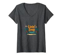 Livin' Easy Tropical Beach Hamac Vacances T-Shirt avec Col en V, Femme, Chiné Foncé, XL