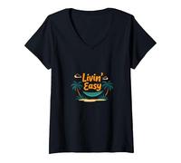 Livin' Easy Tropical Beach Hamac Vacances T-Shirt avec Col en V, Femme, Noir, M