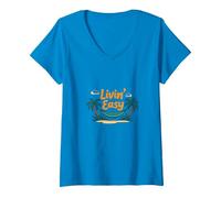 Livin' Easy Tropical Beach Hamac Vacances T-Shirt avec Col en V, Femme, Saphir, XL