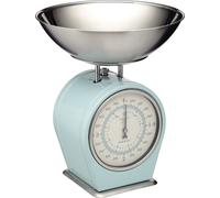 KitchenCraft Living Nostalgia Balance de cuisine mécanique avec bol dans une boîte cadeau, balance en fonte avec support en bois d'acacia, bleu vintage