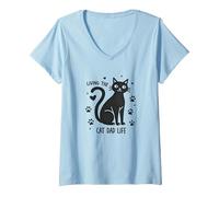 Living The Cat Dad Life: Feline Father's Paw-Some T-Shirt avec Col en V, Femme, Bleu Céleste, L