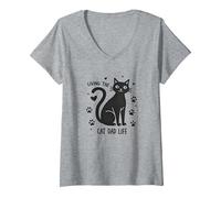 Living The Cat Dad Life: Feline Father's Paw-Some T-Shirt avec Col en V, Femme, Gris Chiné, XL