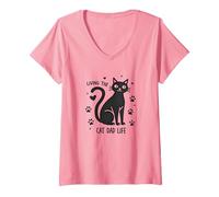 Living The Cat Dad Life: Feline Father's Paw-Some T-Shirt avec Col en V, Femme, Rose, L