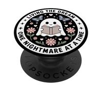 Living The Dream Book Lover Cute Ghost Reading Bookish Black PopSockets PopGrip Adhésif